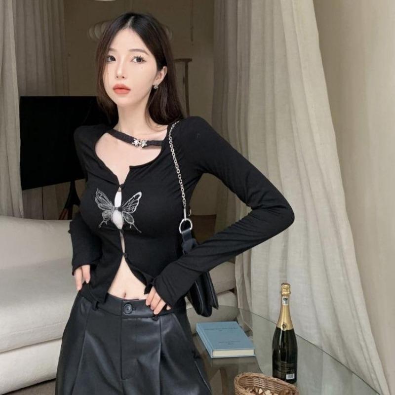 2KWEIRD Gothic Butterfly Print T-shirt Grunge Fairycore Hollow Out Crop Tops Japanese Harajuku Slim Tshirt Y2k Aesthetics Dark