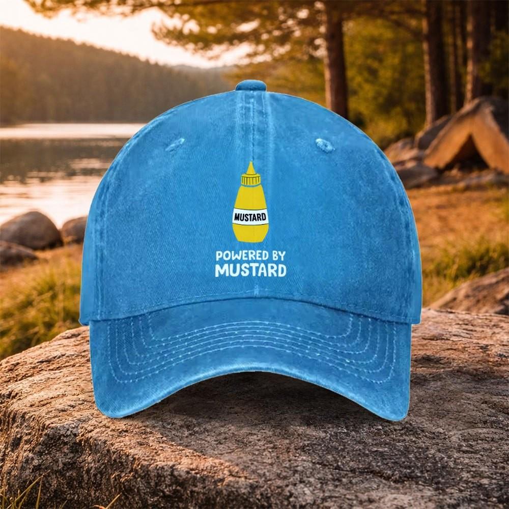 Powered by Mustard Print Washed Baseball Cap Unisex Adjustable Cotton Cap for Golf Outdoor Casual Wear