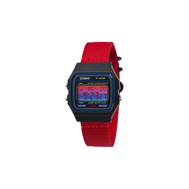 Casio Индивидуальная серия модифицированных часов черный корпус из смолы классические ретро маленькие квадратные часы жизнь F-91W---NEO-CRIMS-HongSeBiaoDaiHongLanJianBianBiaoJing