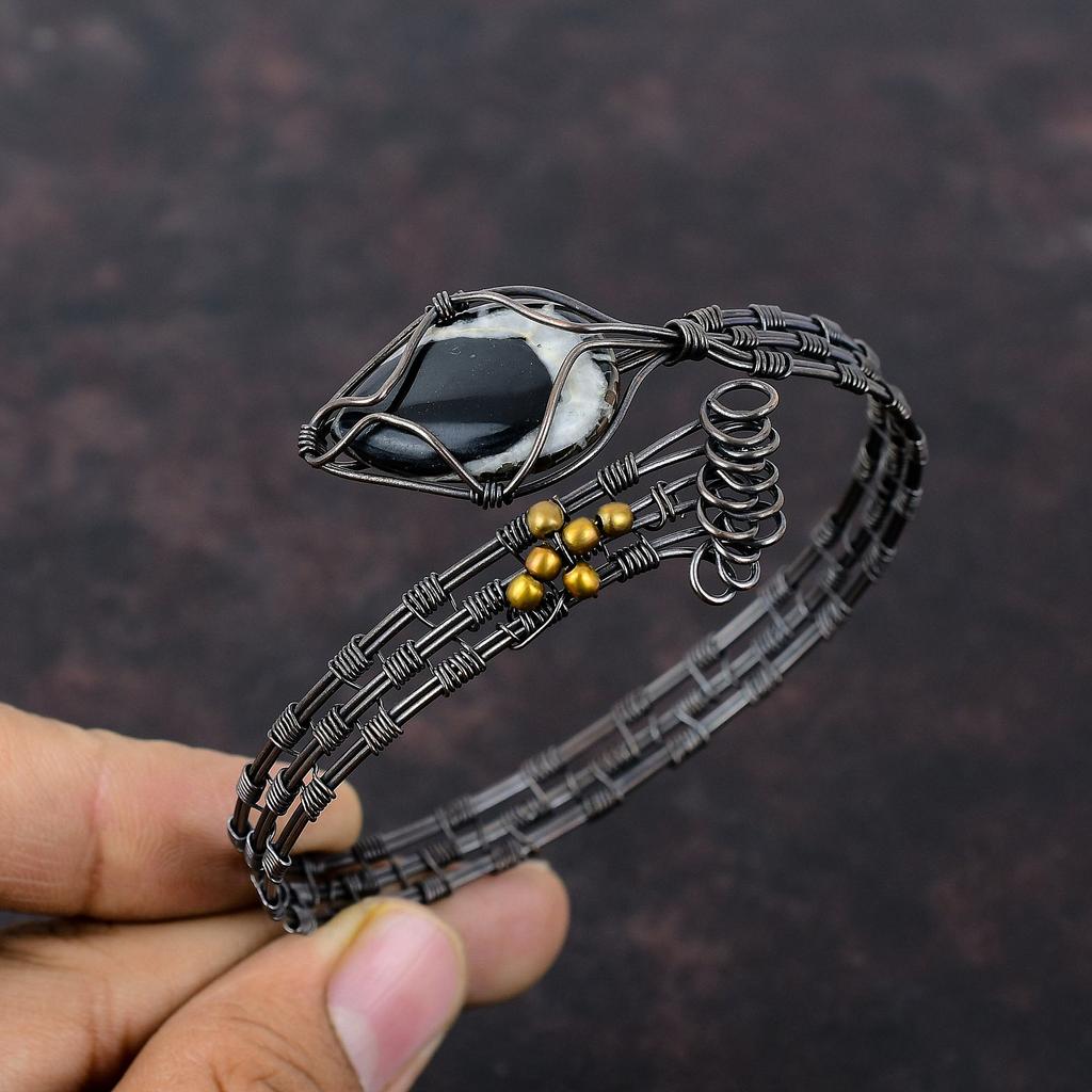 Марокканская грязь трещины окаменелость манжета браслет медная проволока обмотка регулируемый браслет ручной работы медная проволока обмотка ювелирные изделия драгоценный камень браслет для подарка