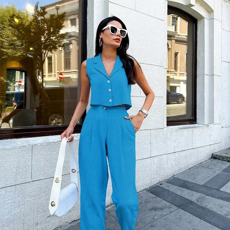Casual Solid Vest Suit Women Sleeveless Single Breasted Tops High Waist Pants Summer Fashion Lady Elegant Set