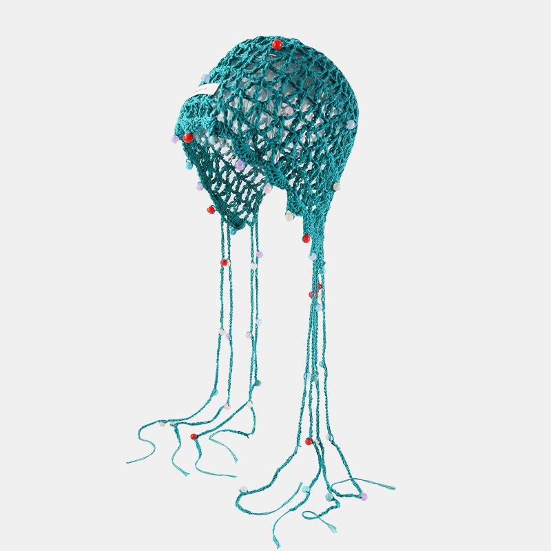 Spring and summer hand-woven hollow bald hat women's crochet ethnic style fringed pullover hat bohemian style knitted