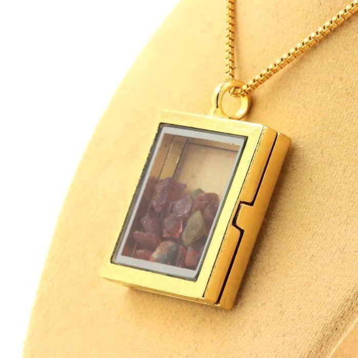 Pierres et Minéraux. Collier Tourmaline multicolore brut. Modèle carré. Couleur Or.