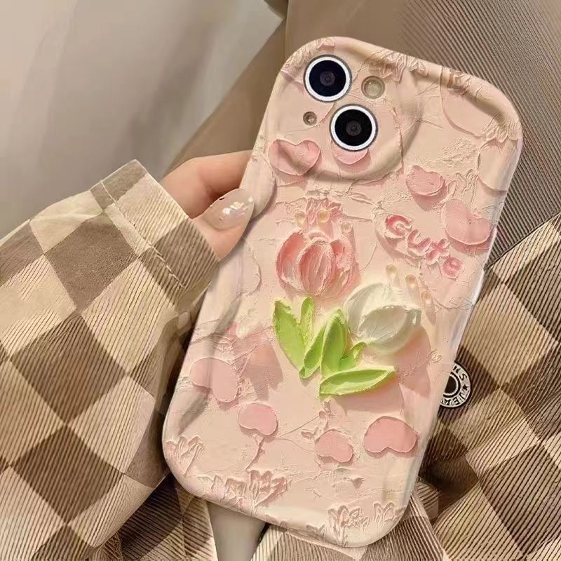 Розовый тюльпан для чехла для мобильного телефона IPhone 17 16 Promax Женский для IPhone 14 Plus Мультяшный 13 Кремовый узор 15