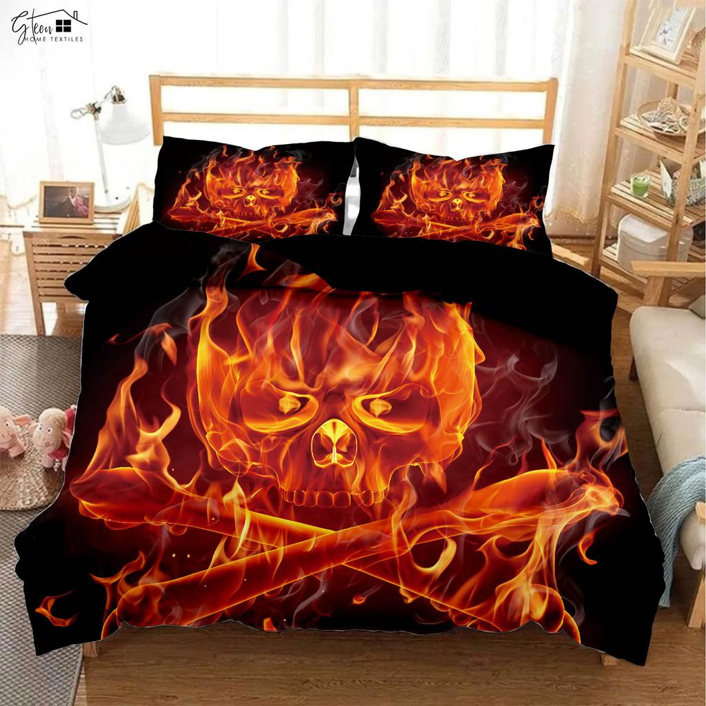 3D-печатное постельное белье с принтом "Огненный Череп и Баскетбол" Пододеяльник Наволочка Комплект из трех предметов Мягкий и удобный Пододеяльник