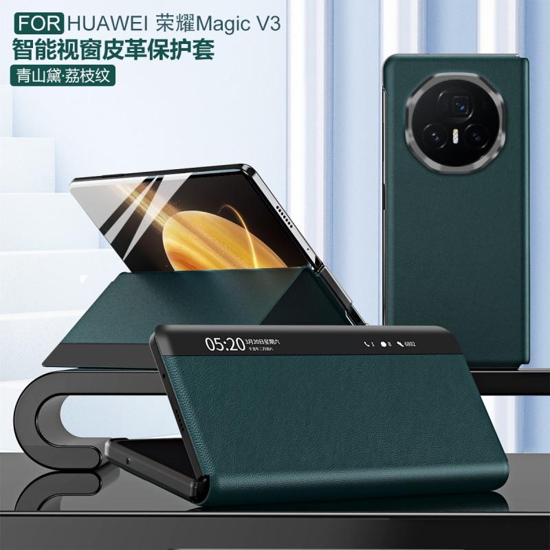 Slim Leather Case With Smart View Window Honor Magic V3 Foldable Phone Shockproof Stand Cover In Multiple Colors