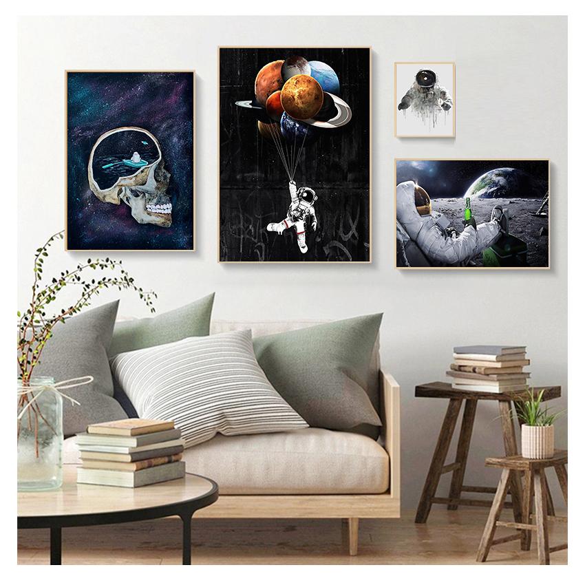 Astronaut Relaxing On Outer Space Moon Drinking Beer Wall Pictures HD Printed Posters for Living Room Funny Canvas Paintings