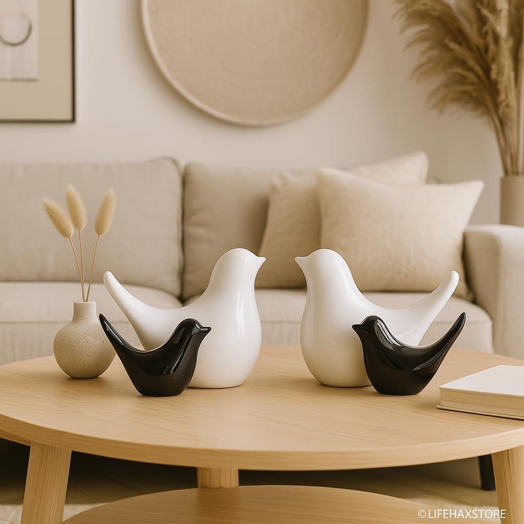 Creative White and Black Glossy Ceramic Birds Figurines Home Decorations Accessories Party (Pack of 6, Black & White)