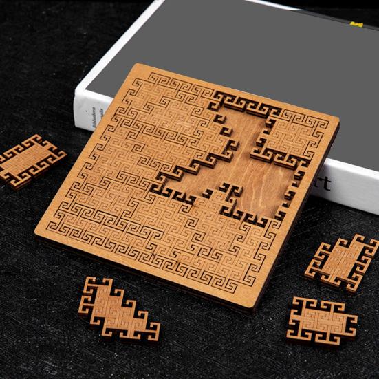 Wooden Fractal Tray Jigsaw Puzzle with Frame Reverse Thinking Impossible Difficult Puzzle Challenge Game Kids Adults Educational Irregular Puzzle Toy