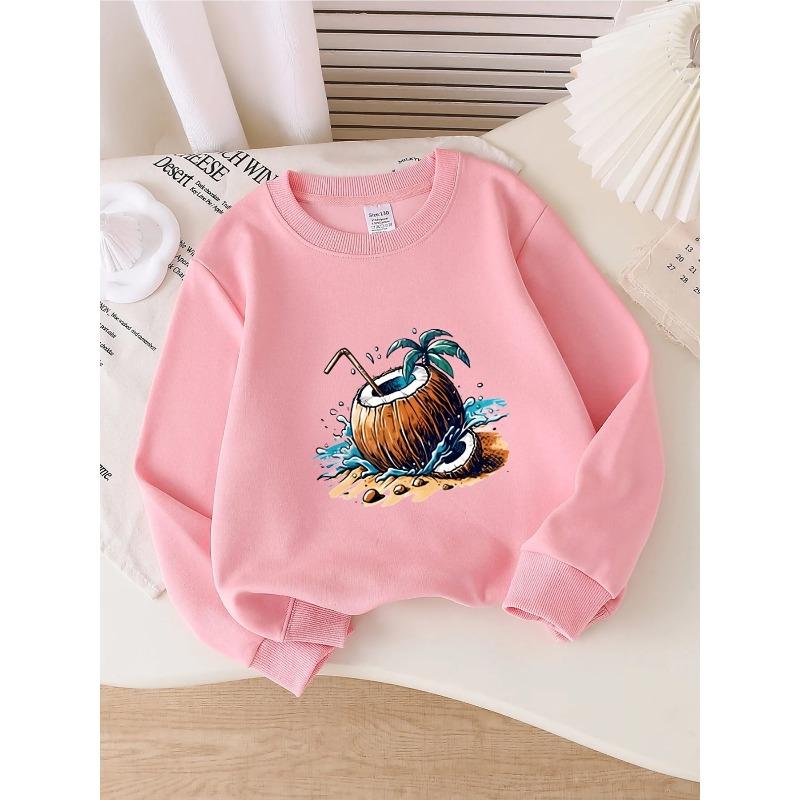 Crewneck Sweatshirt for Girls Featuring a Coconut Palm Beach Drink Splash Design, Machine Washable