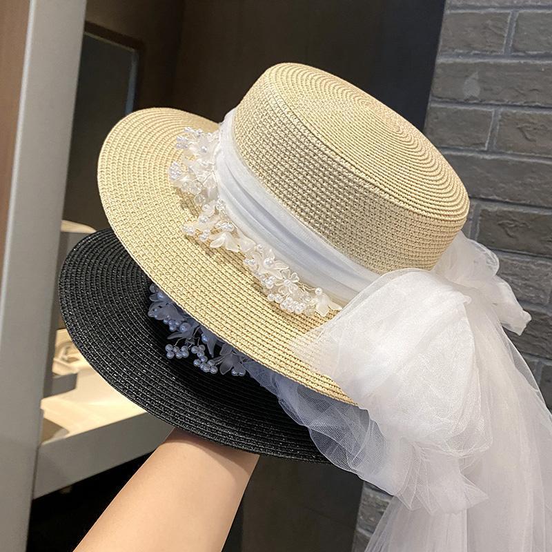 French retro elegant lace hat flower streamer flat top big brim top hat spring and summer travel sun protection sun hat women