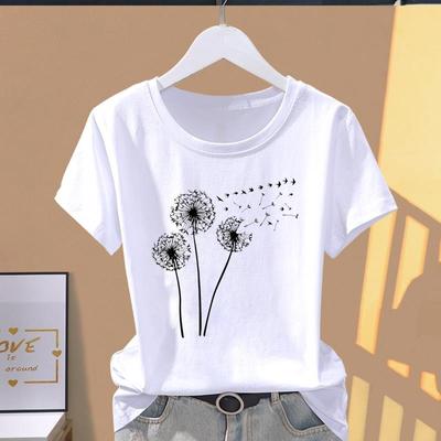 Азиатский размер-принт одуванчика, сладкий стиль 90-х, графическая футболка, женская футболка, повседневная женская летняя футболка, модная футболка с коротким рукавом