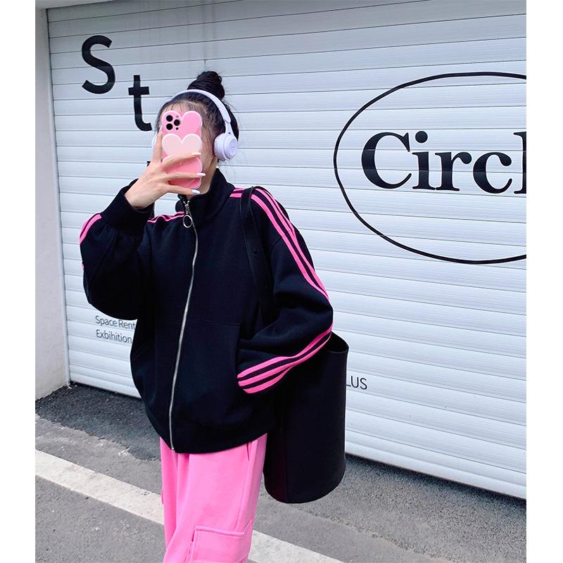 Женская маленькая розовая бейсбольная куртка со стойкой - Спортивная, Повседневная, для весны и осени