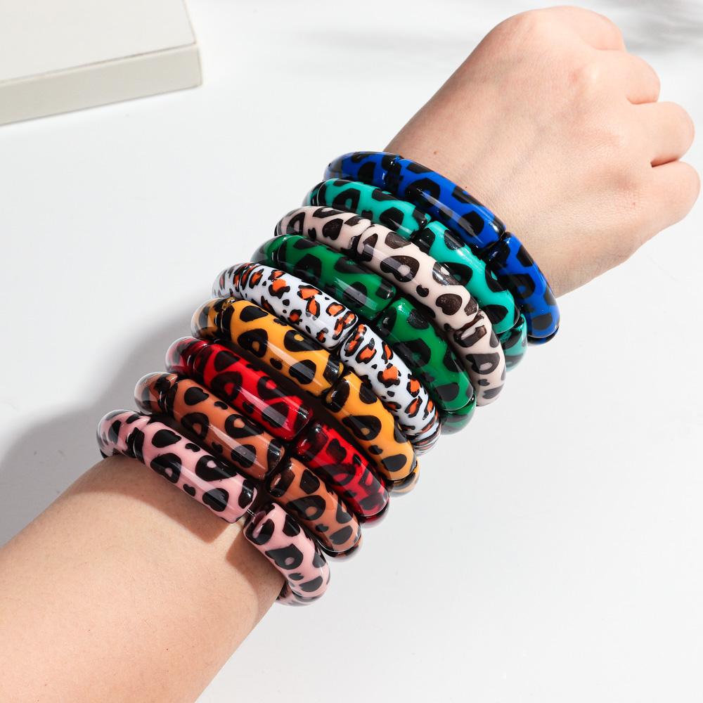 Colorful Leopard Bamboo Tube Acrylic Bracelets for Women Men Vintage Elastic Chunky Curved Resin Bangle Stackable Jewelry Gifts
