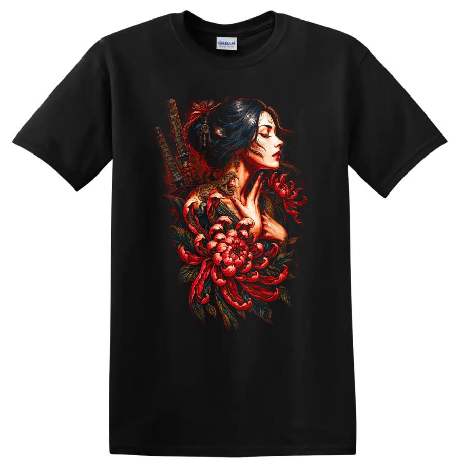 Japanese Style Art Woman Floral T Shirt with Samurai Swords Blossom Tee