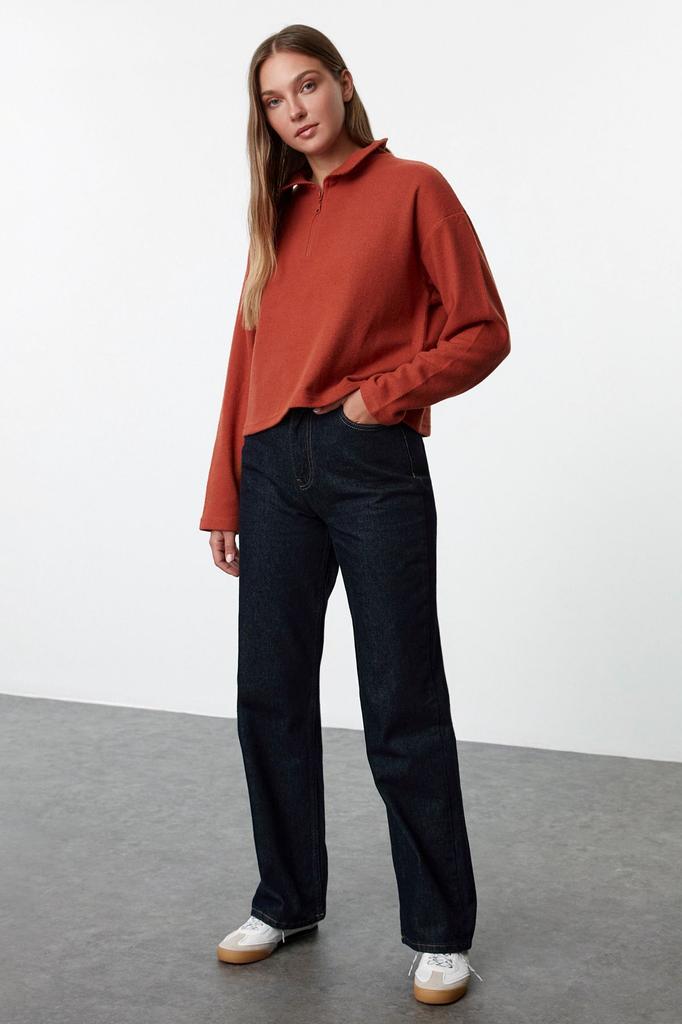 Women's Fashionable Stylish Sweatshirt Black Thessaloniki Knitwear Look Zipper Collar Regular Normal Fit Knitted Sweatshirt