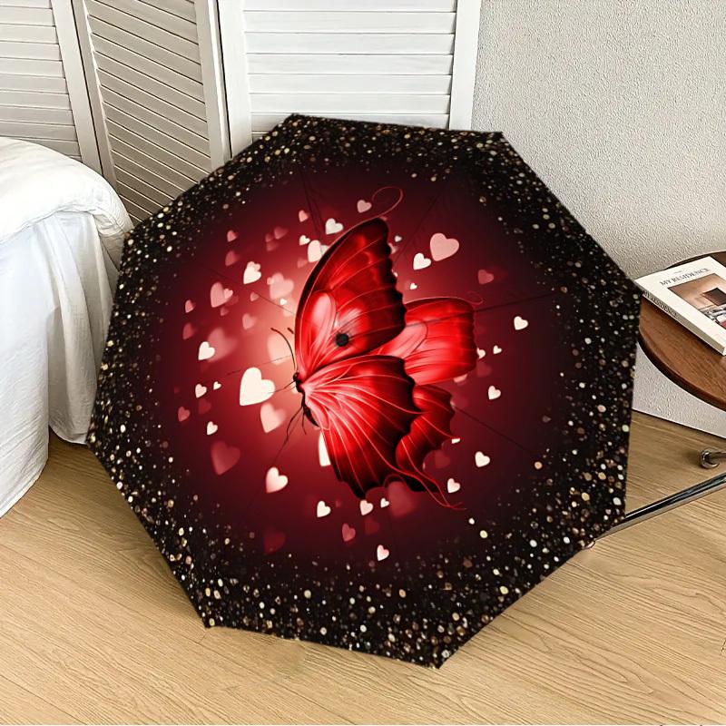 1pc Butterfly Heart Fashionable Automatic Opening/Closing Folding Umbrella with 8 Iron Bones, Plastic Handle yy251015046