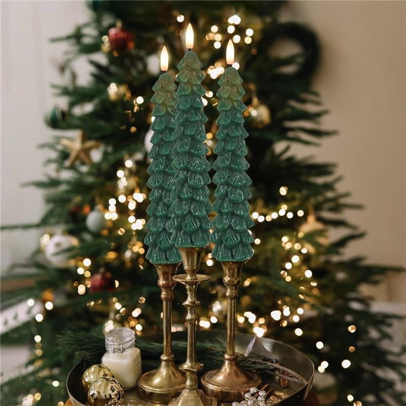 Christmas Tree Candles w/Remote Timer Paraffin Waxy Taper Candle Flickering Battery Operated LED Candlesticks 3D Flame Wick Lamp