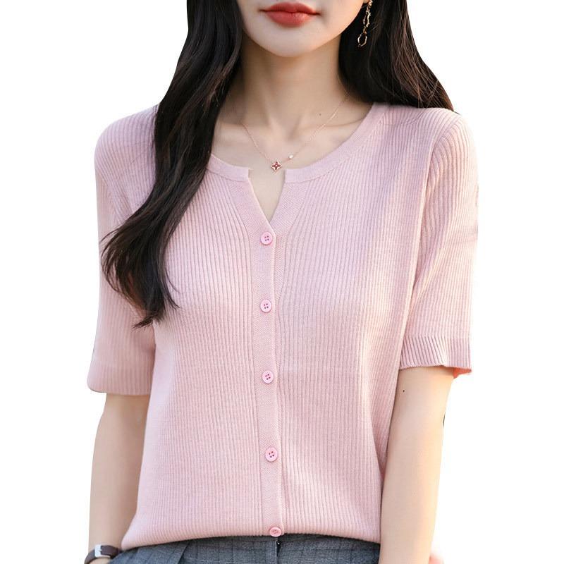 Women's Spring and Summer New Thin Short-sleeved Worsted Soft Knit Cardigan T-shirt Open Collar Small Shirt