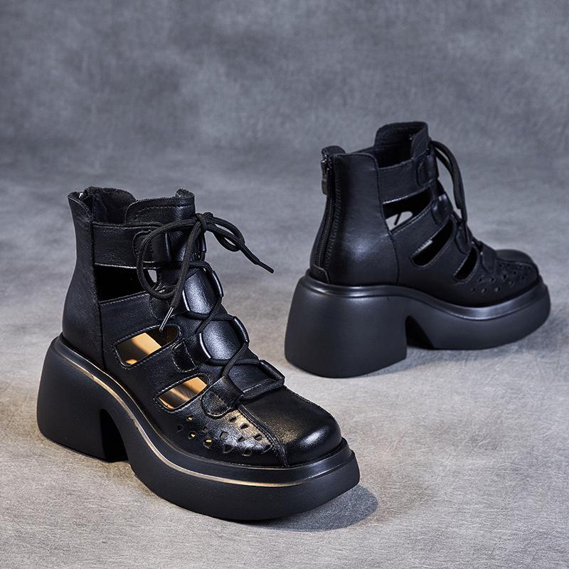 Женские ретро-римские сандалии из коровьей кожи: Коллекция лета 2024 г. — толстая подошва, ажурный дизайн, сетчатый стиль сапог