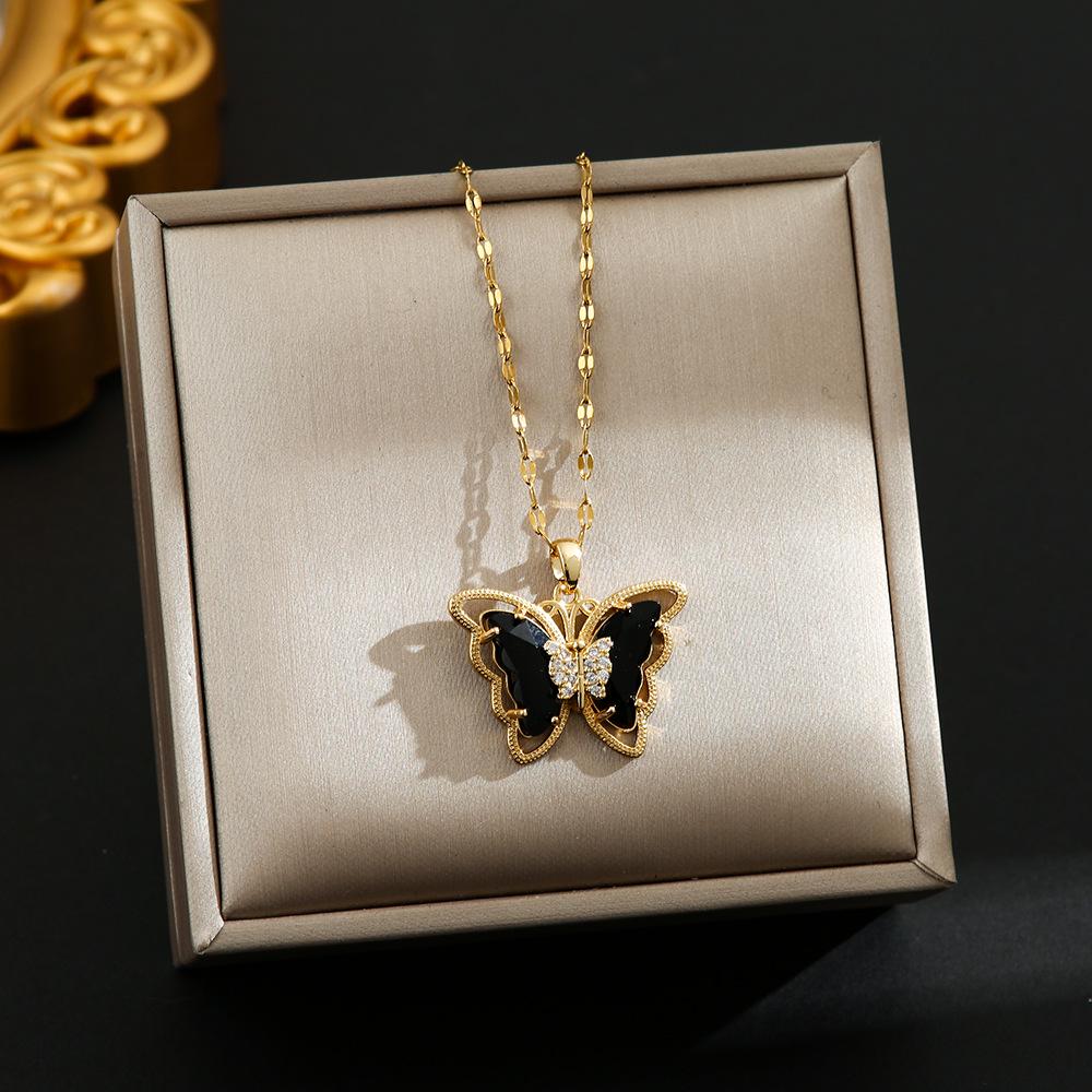 Korean Butterfly Tassel Luxury Diamond Titanium Steel Necklace - Women's Versatile Clavicle Jewelry