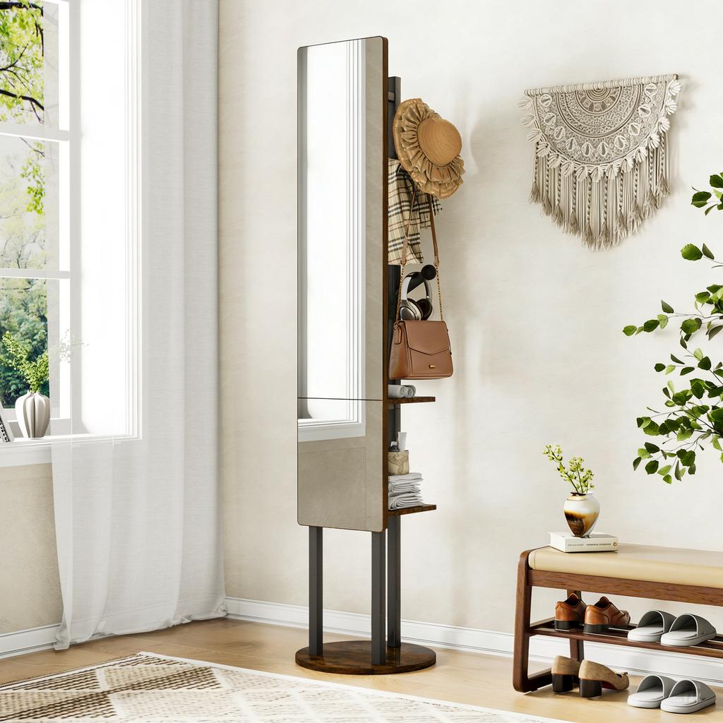 Full-Length Mirror Coat Rack with Storage, 360 Degree Rotatable Clothes Rack, Coat Rack with Hooks, 174*40 cm (Vintage Brown)