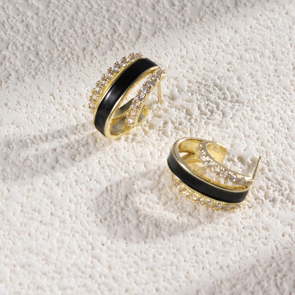 Classic Everything Fashion Light Luxury Temperament Copper Plus Zircon Geometric Dripping Oil Earrings Advanced Sense of Small Simple Earrings