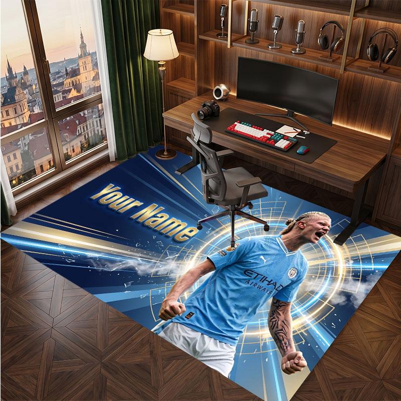 Erling Haaland Custom Crystal Velvet Rug, Personalized Name Text Print, Football Logo Soft Non‑Slip Floor Mat Home Decor Gift