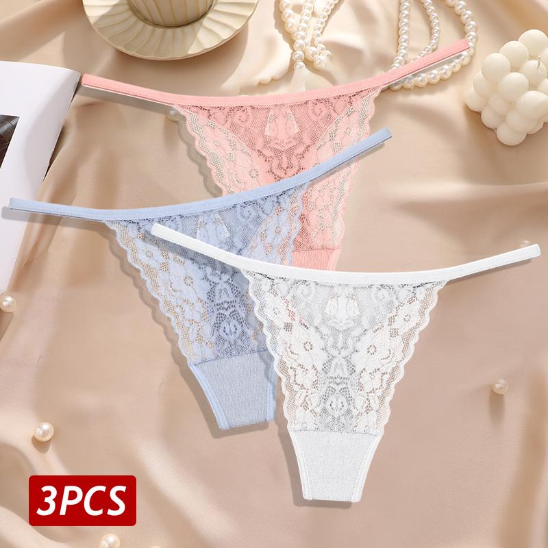 New 3Pcs/Set Sexy Lace Floral Panties For Women Low Waisted Thongs Briefs Sets Fashion Cozy Transparent Intimates Lingerie S-XL