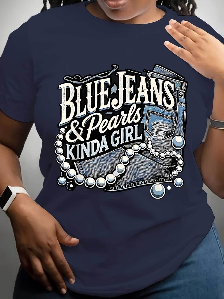 Женские футболки больших размеров 'Джинсы и жемчуг', модные футболки, топы, рубашки с круглым вырезом для повседневной носки, одежда y2k