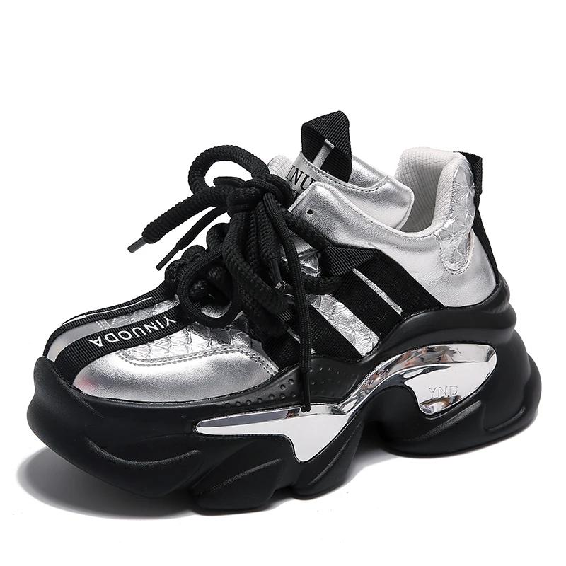 Модные осенние кроссовки на массивной подошве 8,5 см для женщин 2025, спортивные лоскутные кожаные туфли на высокой платформе, женские кроссовки на шнуровке с толстой подошвой, кроссовки "папины"