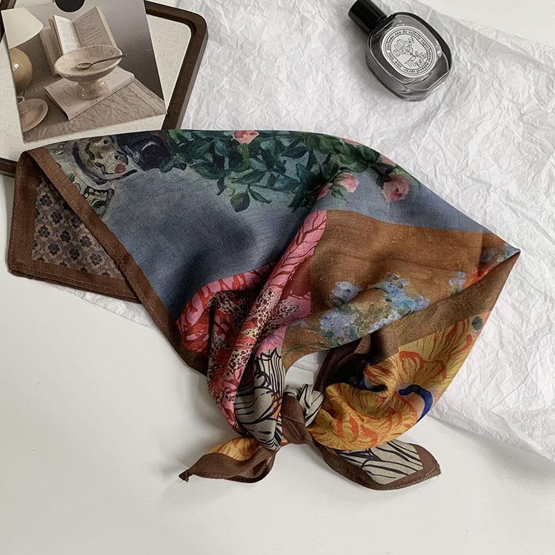 70 Double-sided Silk Scarf, Small Square Scarf, Scarf, White Rose Linen Silk Scarf, New High-end Scarf, Shawl Cover.