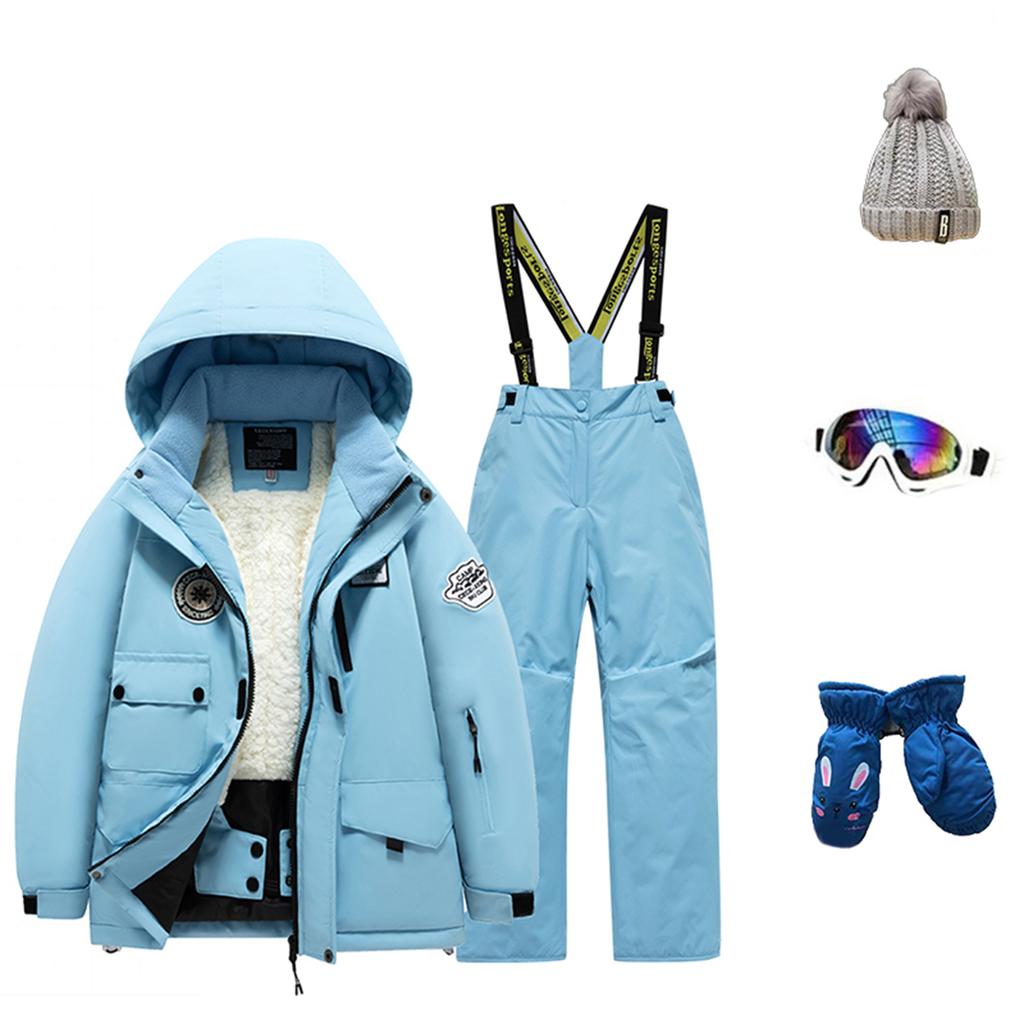 Детский модный лыжный комплект для мальчиков и девочек, утепленный, водонепроницаемый, термобелье, костюм из пяти предметов с курткой и брюками