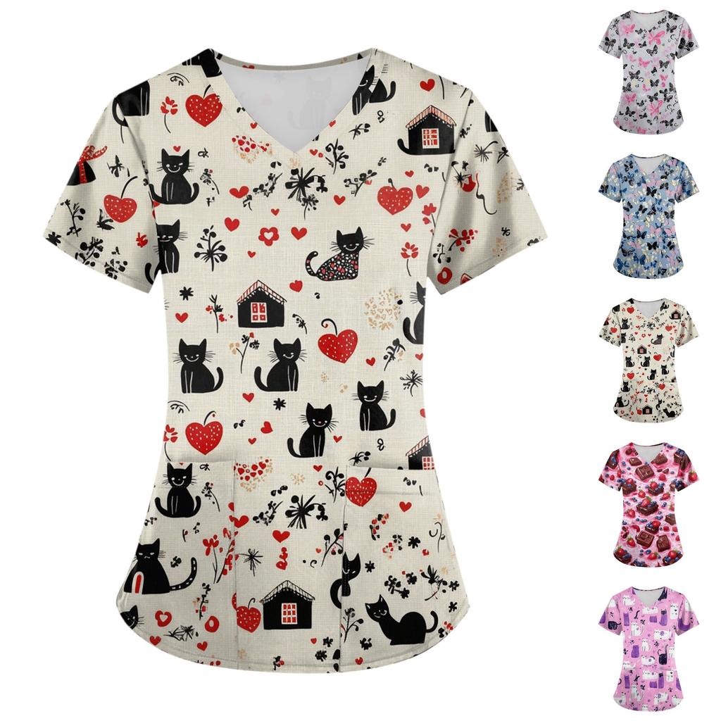 Women's Animal Print Loose V-Neck Pocket Short Sleeve  Uniform  Uniform