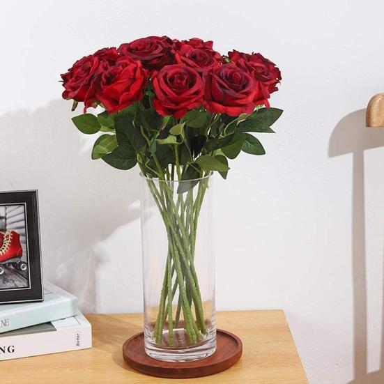 10Pcs Artificial Rose with Green Leaves Fake Silk Flower Wedding Halloween Party