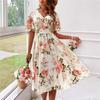 Floral V-neck Fairy Dress Large Size Seaside Vacation Short Sleeve Waist Cinching Long Skirt Elegant Temperament