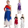 Kids Girls Praise Lyrical Dance Dress Long Sleeve Asymmetrical Chiffon Hem Contrast Dress Dancing Costumes