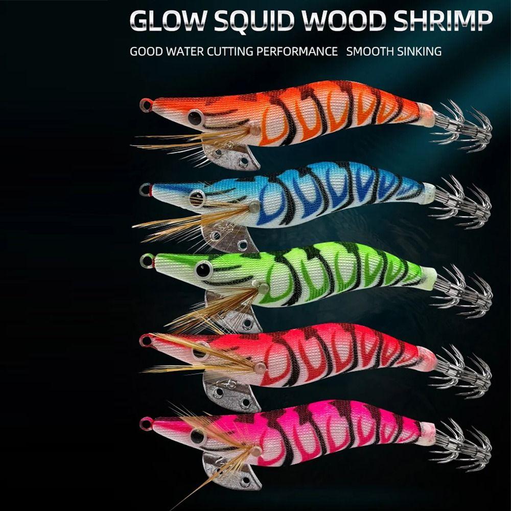 5Pcs Durable Luminous Squid Fishing Lure 3D Eyes Wooden Shrimp Bait Fishing Accessories