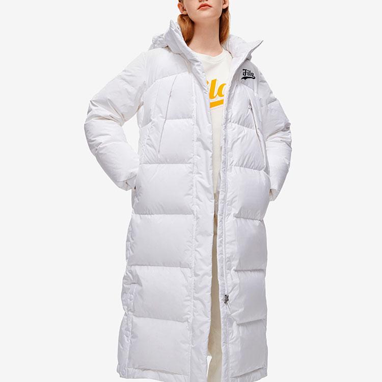 Fila Fusion Серия бейсбола Нашивка с буквой Модный длинный теплый пуховик с капюшоном Женская верхняя одежда Белый T11W242916FWT