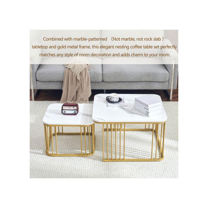 Table basse carrée - MUVOE - Lot de 2 - Marbre brillant - Pieds dorés - 70x70 cm et 50x50 cm