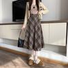 Кофейная шерстяная юбка в клетку для женщин с высокой талией, облегающая юбка А-силуэта, миди-длины, юбка-зонт