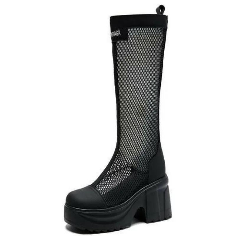 Fashion 10cm Genuine Leather Fashion Knee High Booties Breathable Platform Wedge Hollow Breathable ZIP Sandals Hidden Heels Shoes