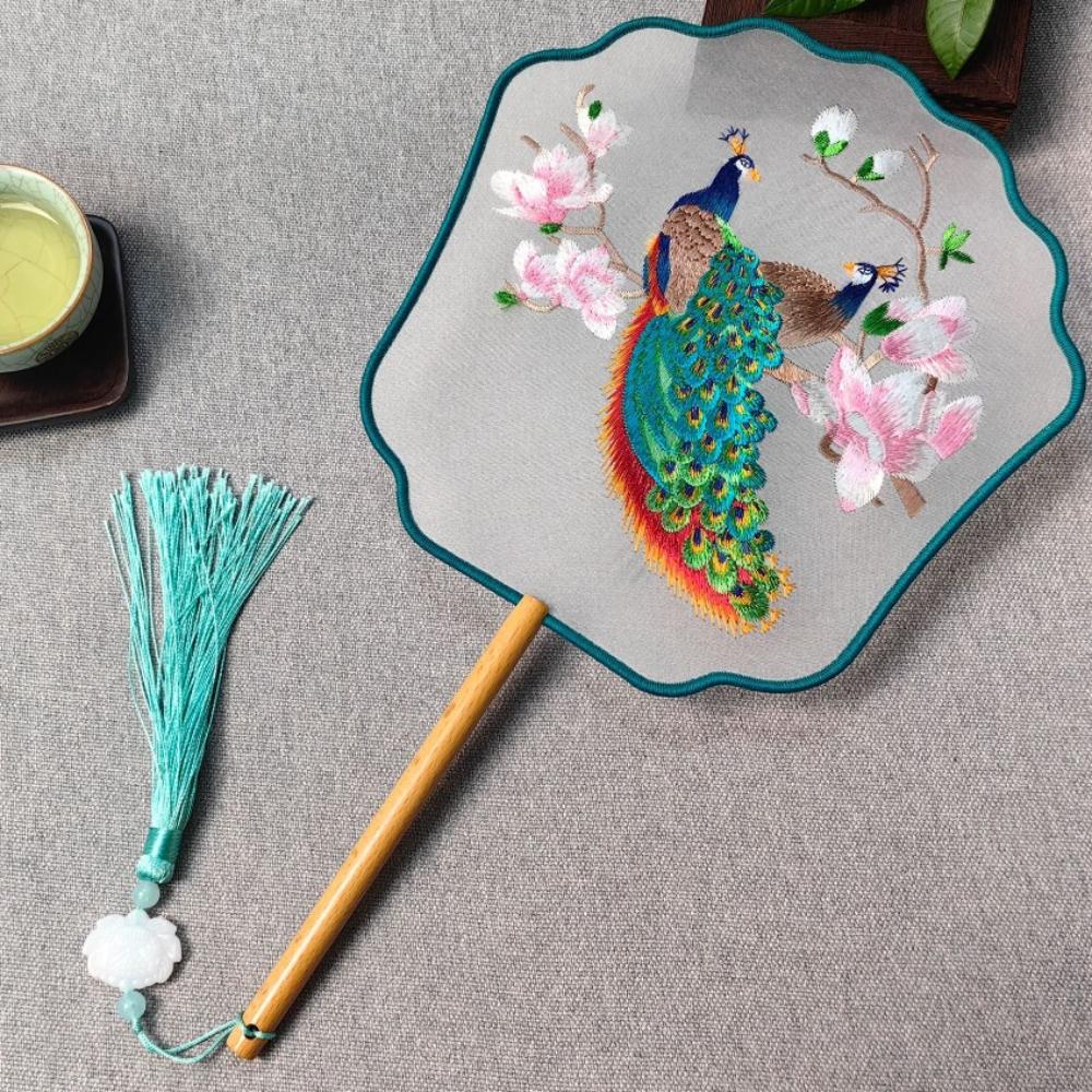 Clothing Acceessories Home Decoration With Tassel Long Handle Chinese Retro Style Embroidery Handheld Fan Pearl Edging