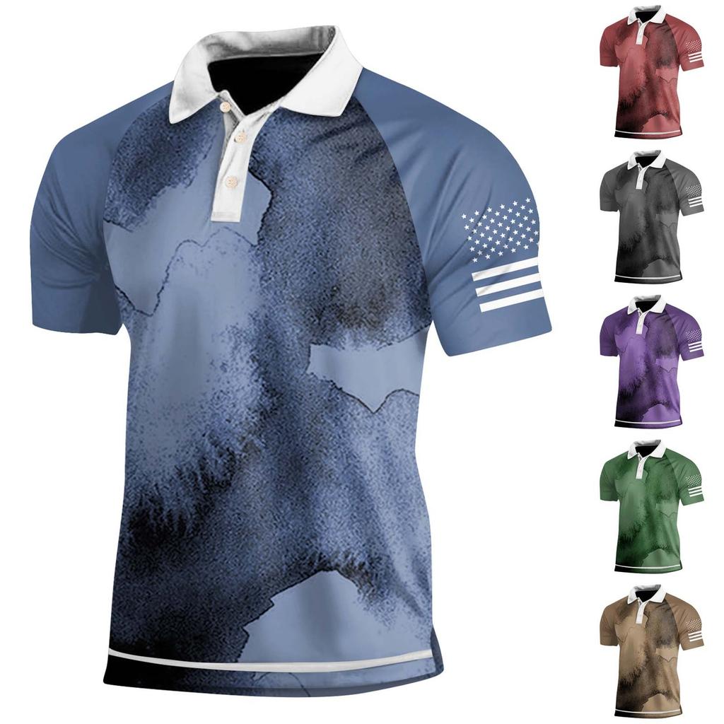 Men's Three Button Printed Lapel Short Sleeve Shirt Top