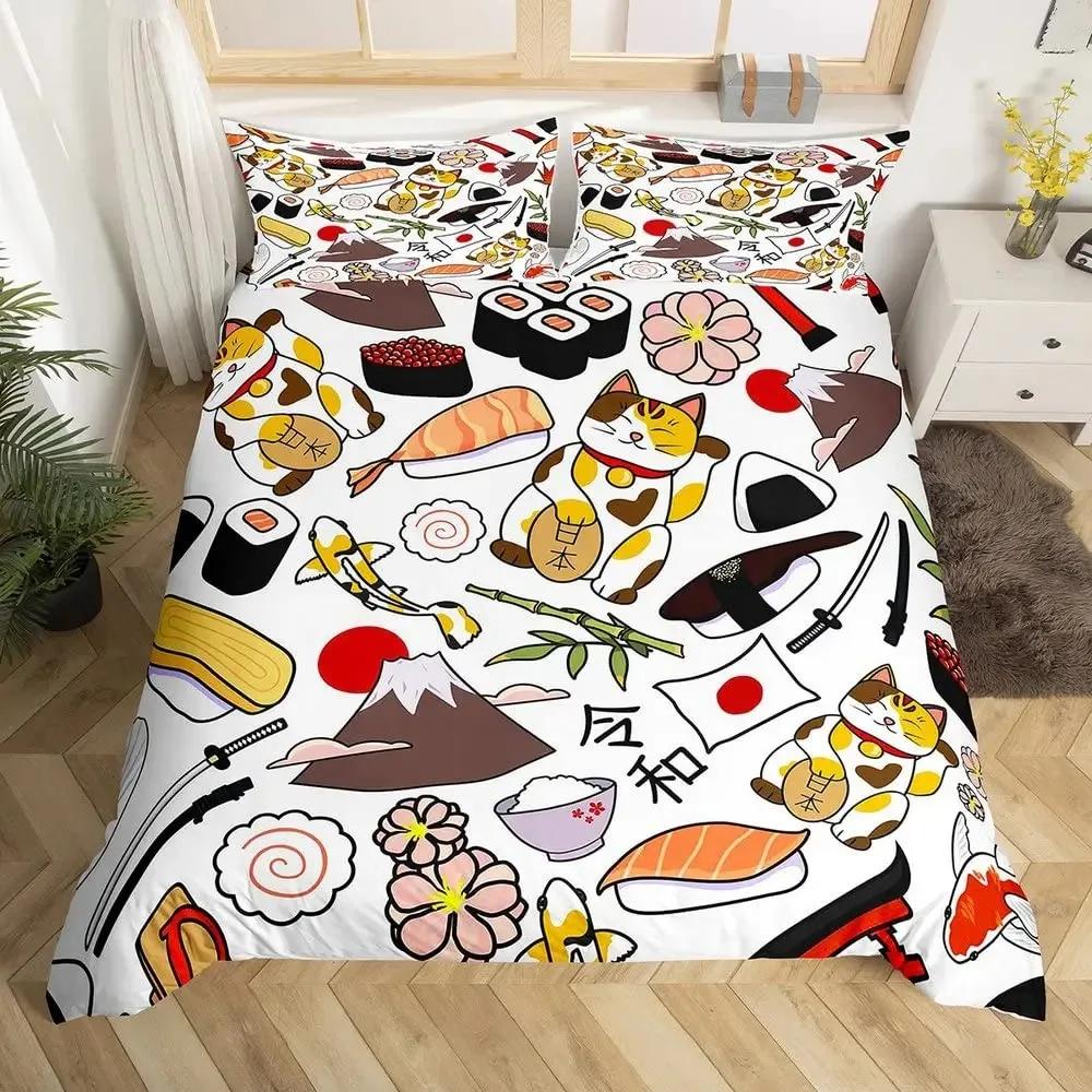 Комплект пододеяльника Lucky Cat в японском стиле с рисунком «Волна Хокусая», комплекты постельного белья, экзотический красный, ворота тории, декор солнца, комплект пододеяльника