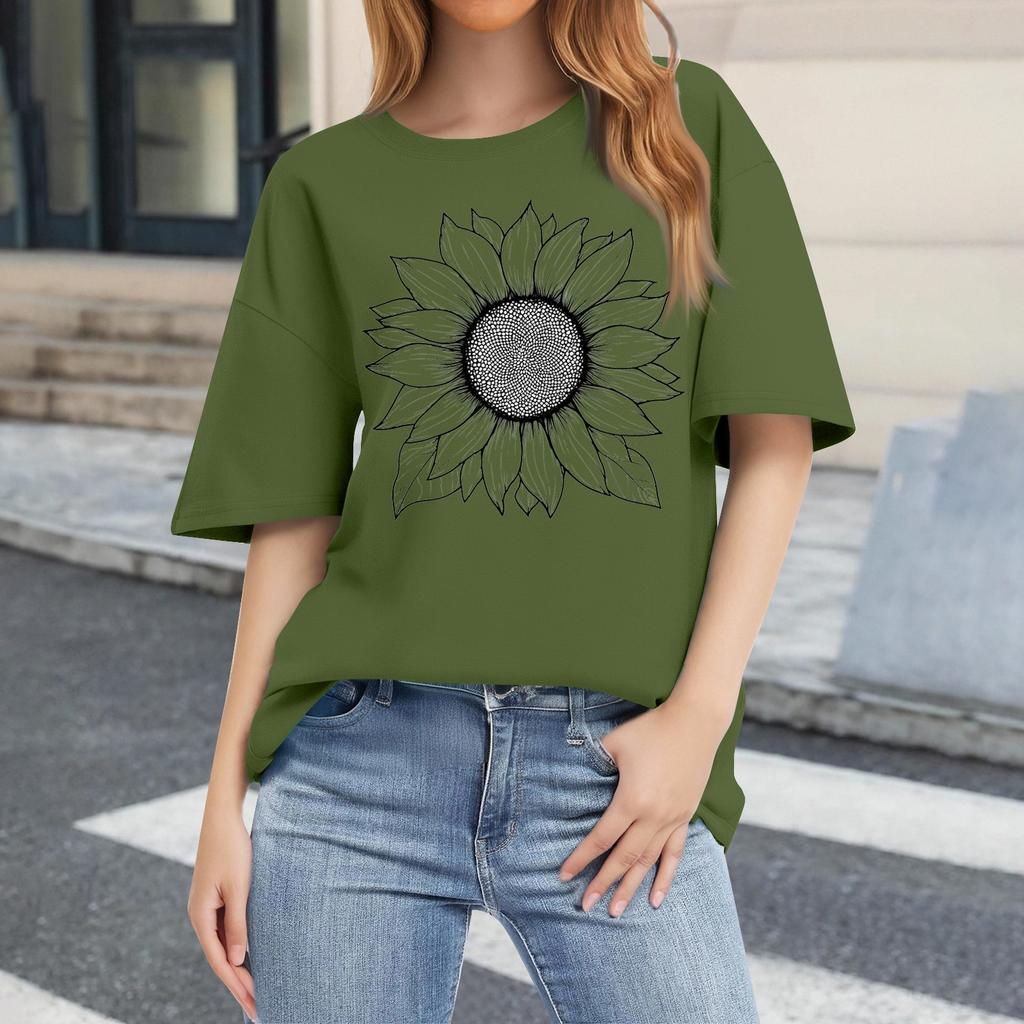 Women's Fashion Casual Printed Short Sleeve Round Neck Pullover Tops