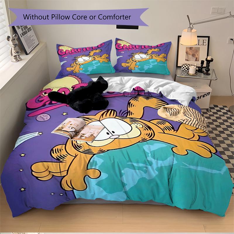 3pcs Garfield's Cosmic Adventure Printed Quilt Set - Includes 1 Quilt Cover and 2 Pillowcases, Machine Washable - Suitable for All Seasons.W037