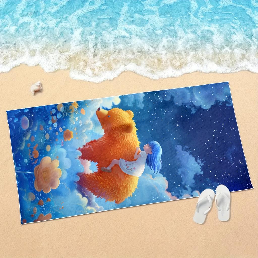 Dreamy Starry Bear Ride Beach Towel Patterned Sunscreen And Windproof Suitable For Swimming Pool Camping Travel Blanket