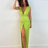 Women Elegant Summer Sleeveless Sexy Deep V-Neck Ruched Slit Maxi Dress
