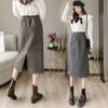 Houndstooth Plaid Skirt for Women Autumn and Winter with Fleece Thickened Over Knee Mid-length Straight Tube Split Hip Wrap Skirt